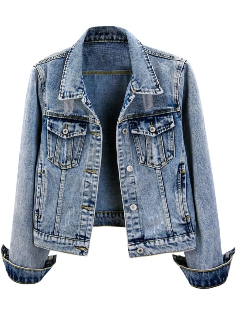 〽️Snowflake Blue Women's Ripped Jean Jacket Cropped Washed Denim Coat Button Up